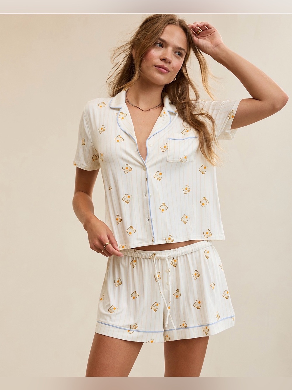 NWT Aerie Real Soft Piping PJ Shorts Fried Egg Print XL